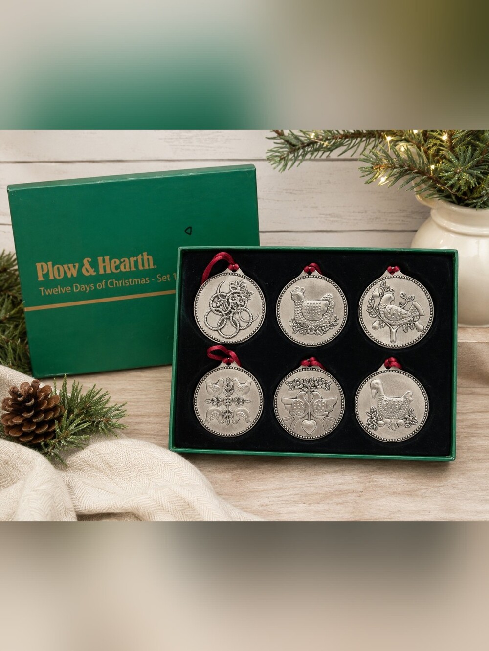 Plow & Hearth‎ Twelve Days of Christmas Set 1 Pewter Ornament Set of 6 in Box
